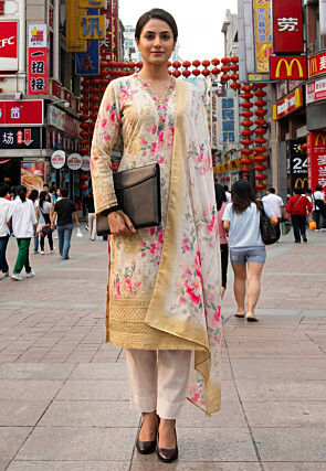 Digital Printed Cotton Rayon Pakistani Suit in Off White