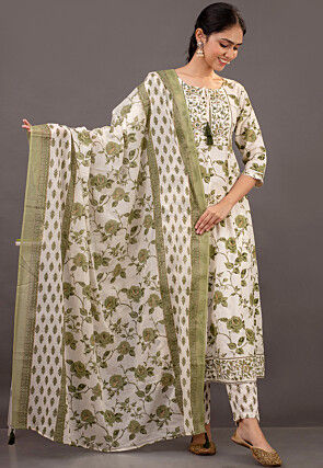 Digital Printed Cotton Rayon Pakistani Suit in Off White