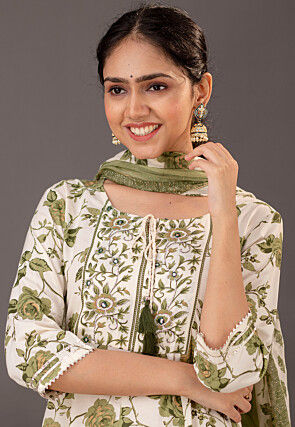 Digital Printed Cotton Rayon Pakistani Suit in Off White