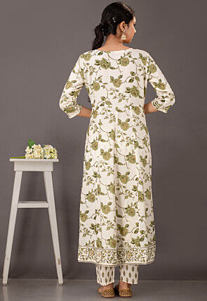 Digital Printed Cotton Rayon Pakistani Suit in Off White