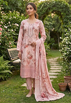 Digital Printed Cotton Rayon Pakistani Suit in Peach