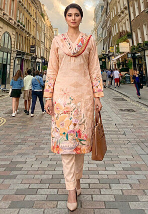 Digital Printed Cotton Rayon Pakistani Suit in Peach