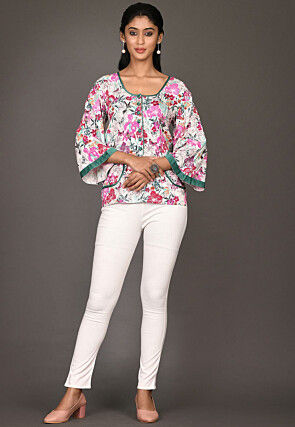 Digital Printed Cotton Rayon Top in Off White and Multicolor
