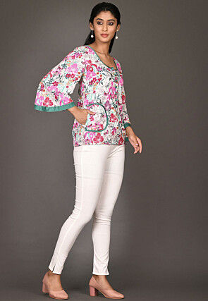 Digital Printed Cotton Rayon Top in Off White and Multicolor