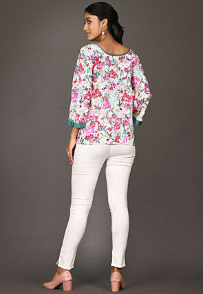 Digital Printed Cotton Rayon Top in Off White and Multicolor