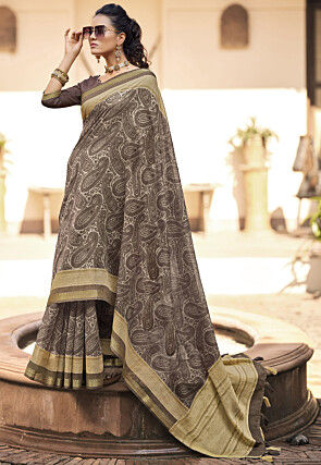 Digital Printed Cotton Saree in Beige and Brown
