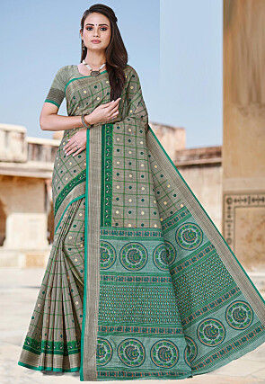 Digital printed Cotton Saree in Beige and Green