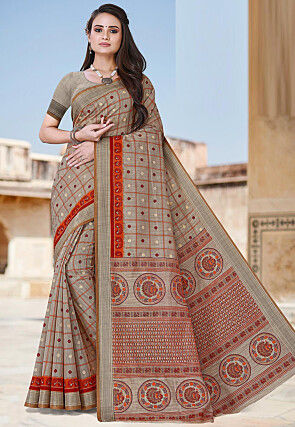 Digital printed Cotton Saree in Beige and Green