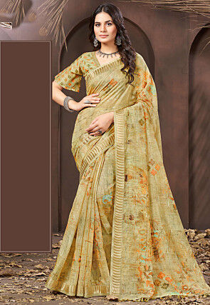 Digital Printed Cotton Saree in Beige