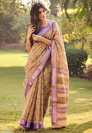 Digital Printed Cotton Saree in Beige