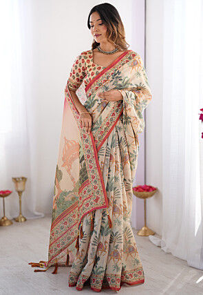 Digital Printed Cotton Saree in Beige