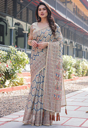Digital Printed Cotton Saree in Beige