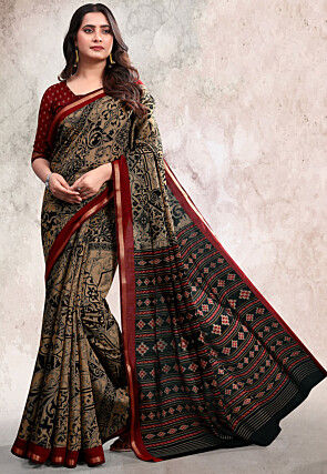 Digital Printed Cotton Saree in Beige
