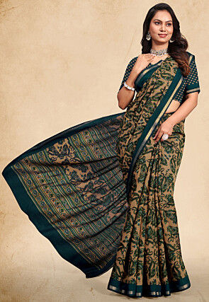 Digital Printed Cotton Saree in Beige