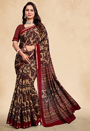 Digital Printed Cotton Saree in Beige
