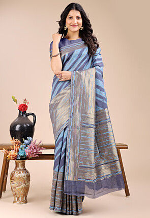 Digital Printed Cotton Saree in Blue