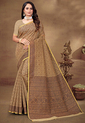 Digital Printed Cotton Saree in Brown