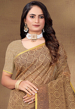 Digital Printed Cotton Saree in Brown