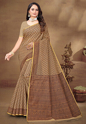 Digital Printed Cotton Saree in Brown