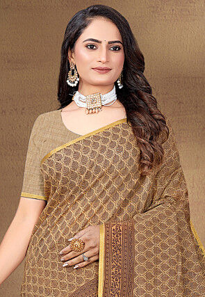 Digital Printed Cotton Saree in Brown