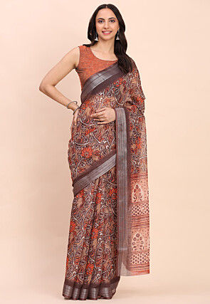 Digital Printed Cotton Saree in Brown