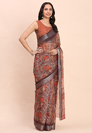 Digital Printed Cotton Saree in Brown