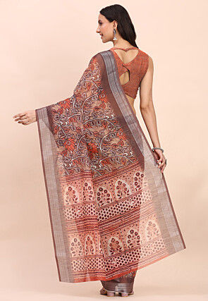 Digital Printed Cotton Saree in Brown