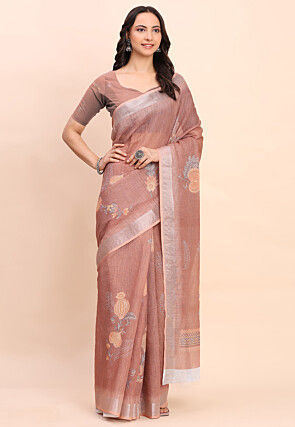 Digital Printed Cotton Saree in Brown