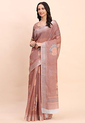 Digital Printed Cotton Saree in Brown