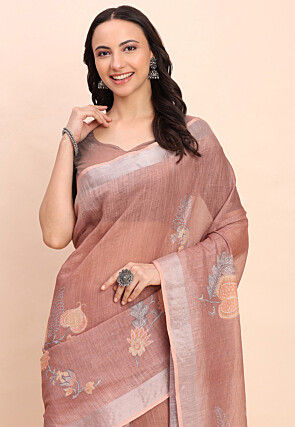 Digital Printed Cotton Saree in Brown