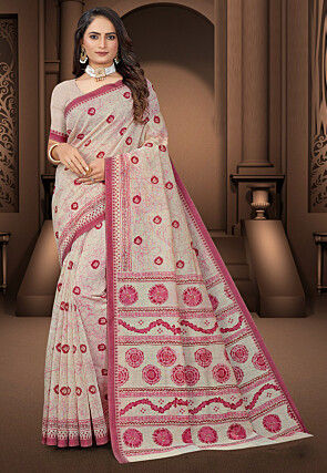 Printed Cotton Saree in Cream