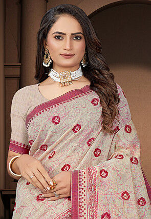 Printed Cotton Saree in Cream
