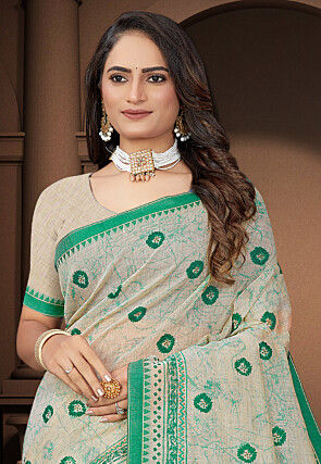 Printed Cotton Saree in Cream