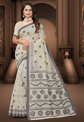 Printed Cotton Saree in Cream