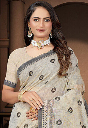 Printed Cotton Saree in Cream