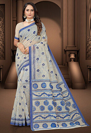 Printed Cotton Saree in Cream