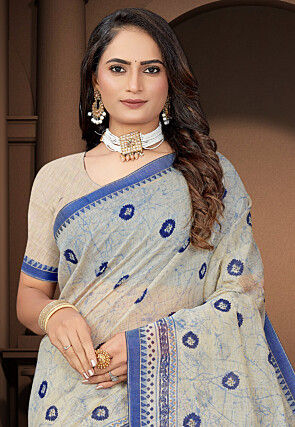 Printed Cotton Saree in Cream