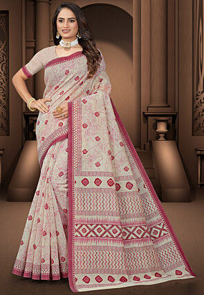 Printed Cotton Saree in Cream
