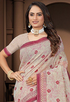 Printed Cotton Saree in Cream