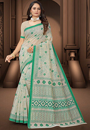 Printed Cotton Saree in Cream