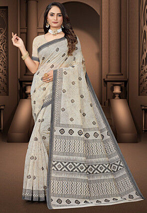 Printed Cotton Saree in Cream