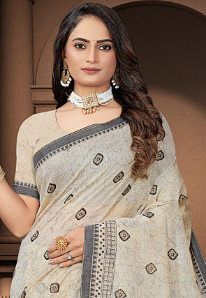 Printed Cotton Saree in Cream