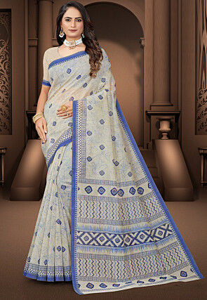 Printed Cotton Saree in Cream