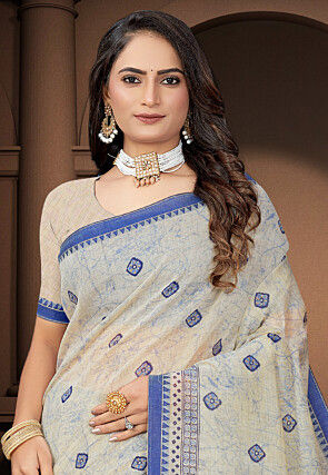 Printed Cotton Saree in Cream