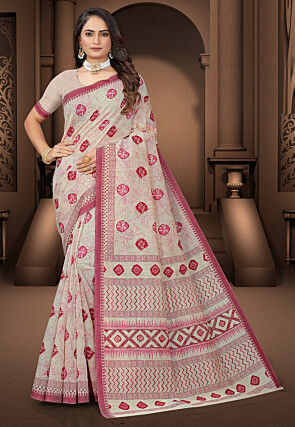 Printed Cotton Saree in Cream