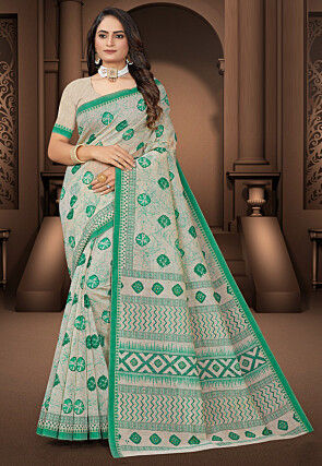 Printed Cotton Saree in Cream