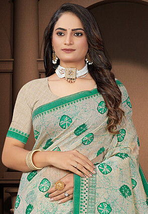 Printed Cotton Saree in Cream