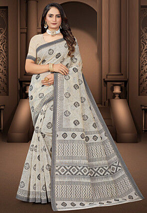 Printed Cotton Saree in Cream
