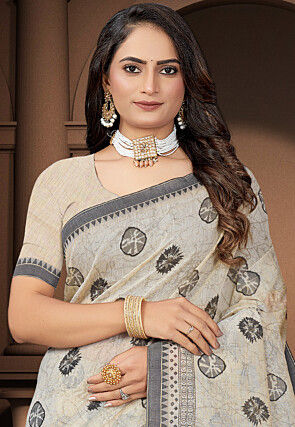Printed Cotton Saree in Cream