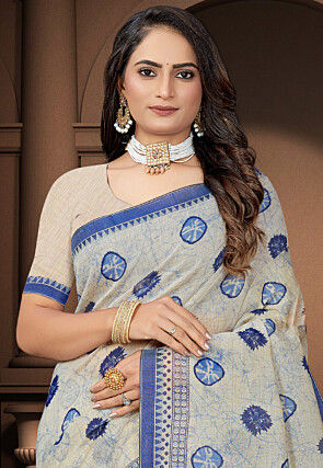 Printed Cotton Saree in Cream
